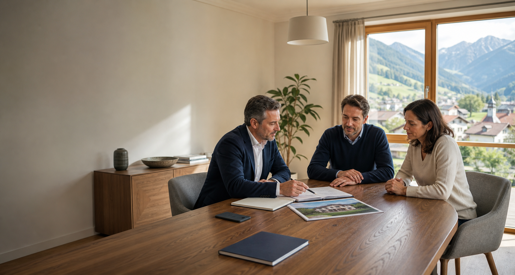 Immobilienmakler im Beratungsgespräch mit Eigentümern und Objektunterlagen